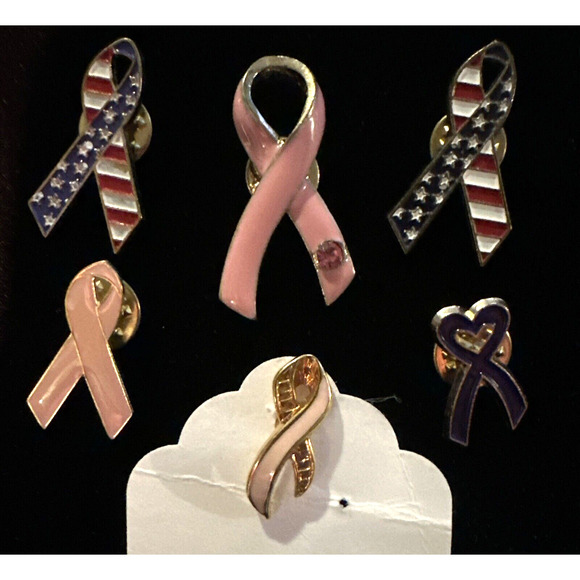 Pin Breast Cancer Awareness Pink Ribbon American Flag Blue Color set of 6 - Picture 1 of 8